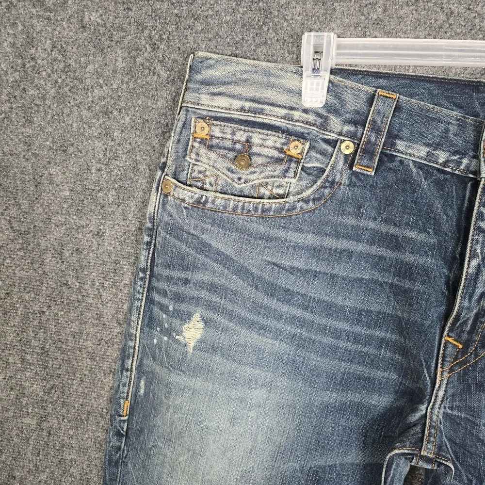 True Religion Jeans Mens 42 Geno Flaps Blue Distressed Relaxed Slim Concrete NEW